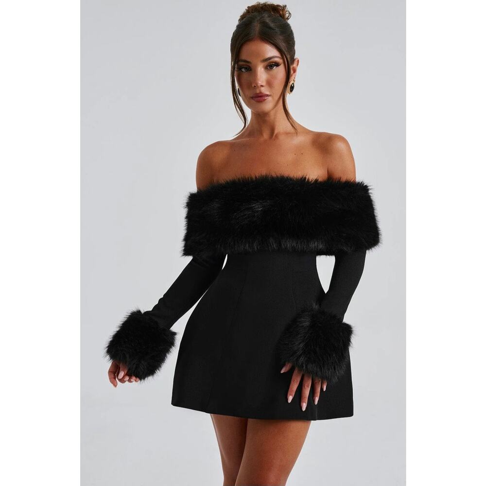 NWT Babyboo Villanelle Black Mini Dress Faux Fur Trim Bardot Bubble Skirt XS